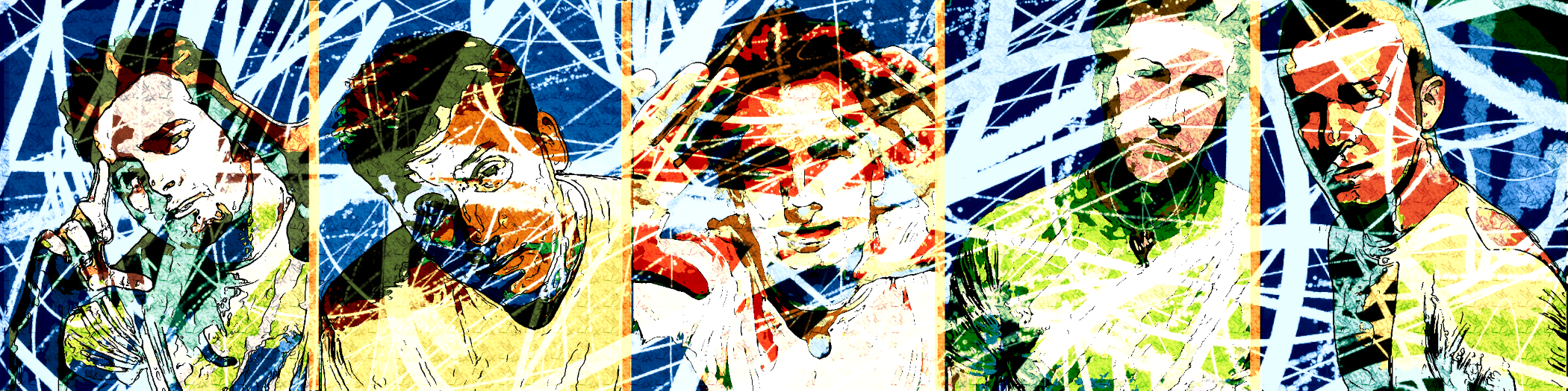 A stylized image of the boy band *NSYNC. Images of each member are from the chest up and they are each wearing light yellow or lime-colored shirts. A white scribble overlay is imposed on the collage of the group.